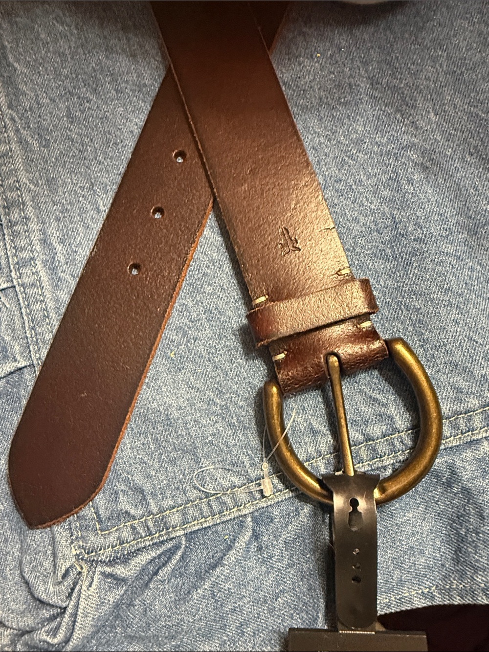 Frye Brown Leather Belt with Antique Brass Ring Buckle